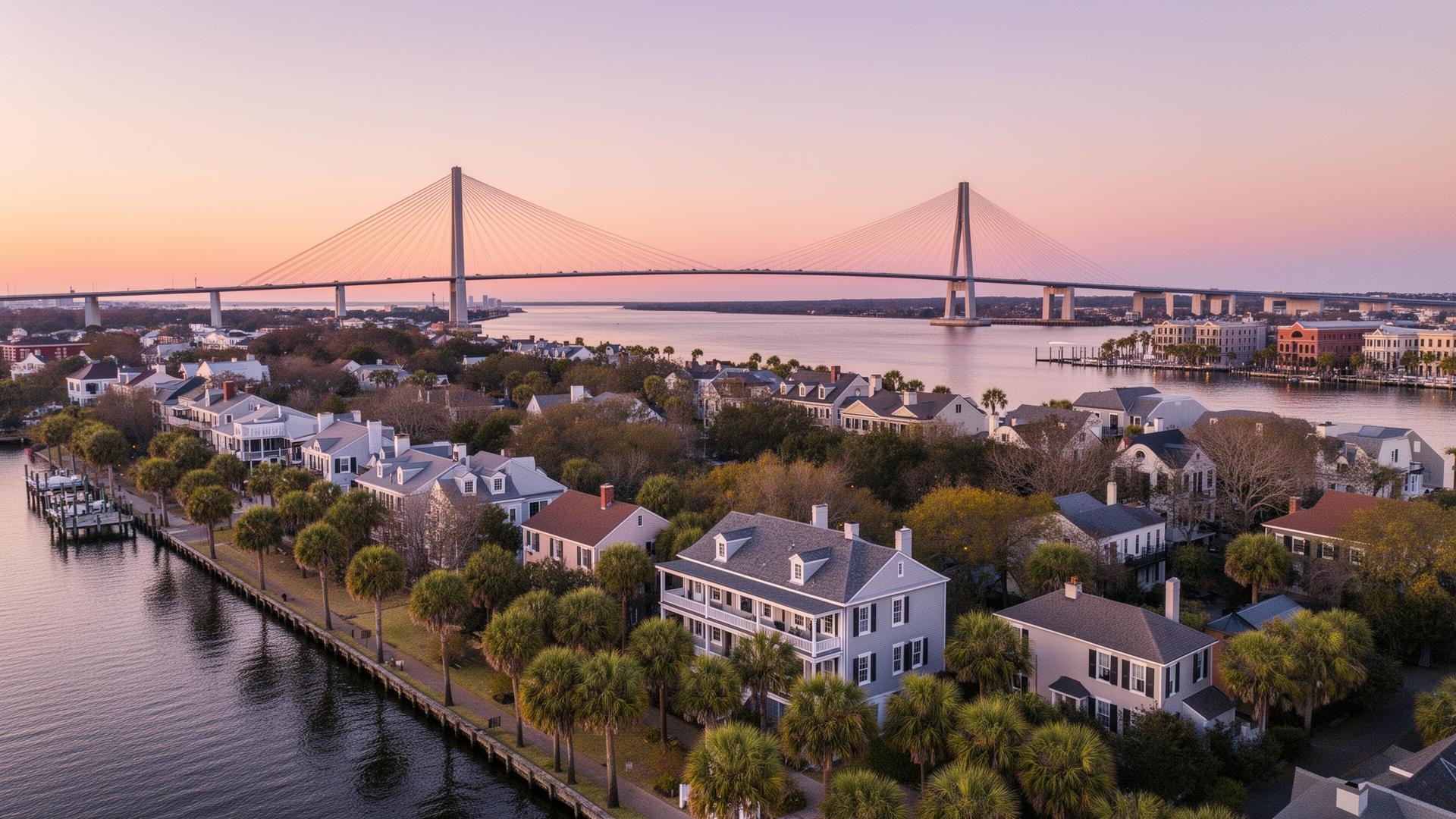 Charleston harbor at sunset with Ravenel Bridge